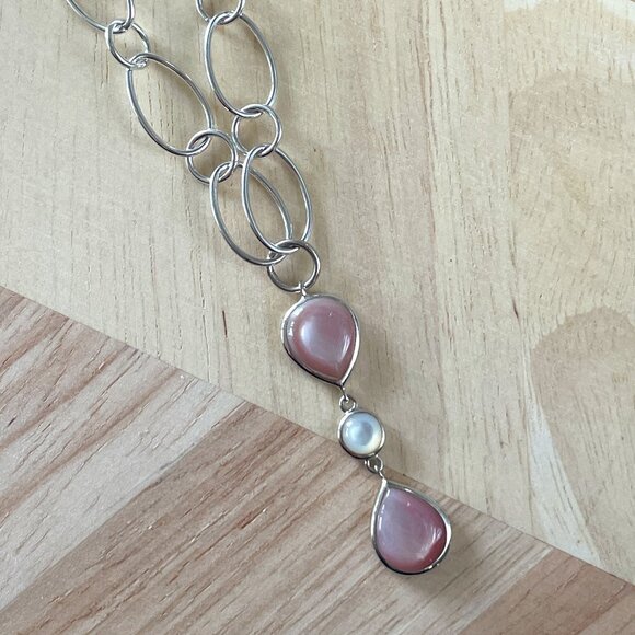 Sterling Silver Necklace with Pink + Opal Stone - Picture 1 of 4